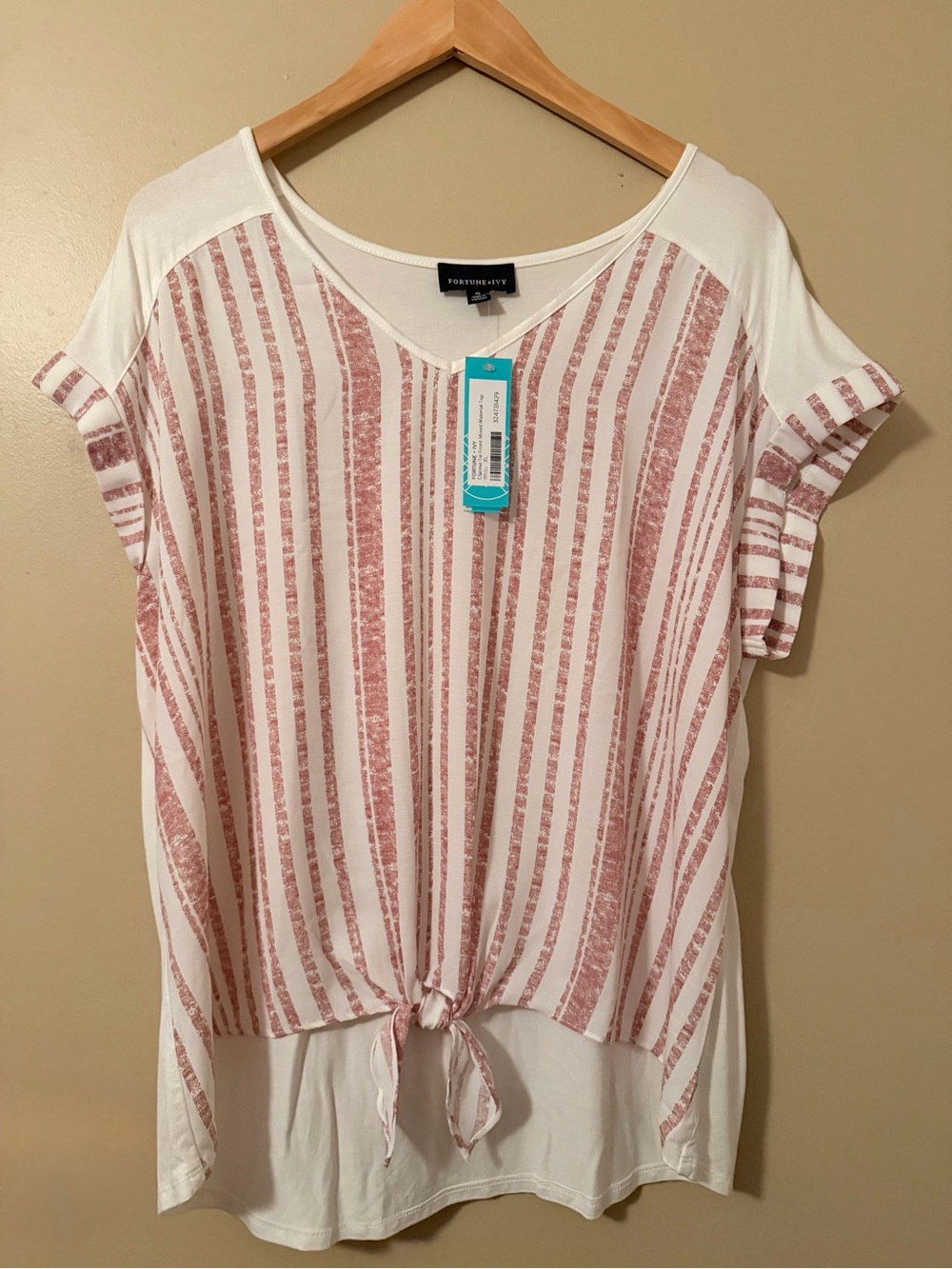 Fortune & Ivy White and Dusty Rose Striped Tie-Front Tunic